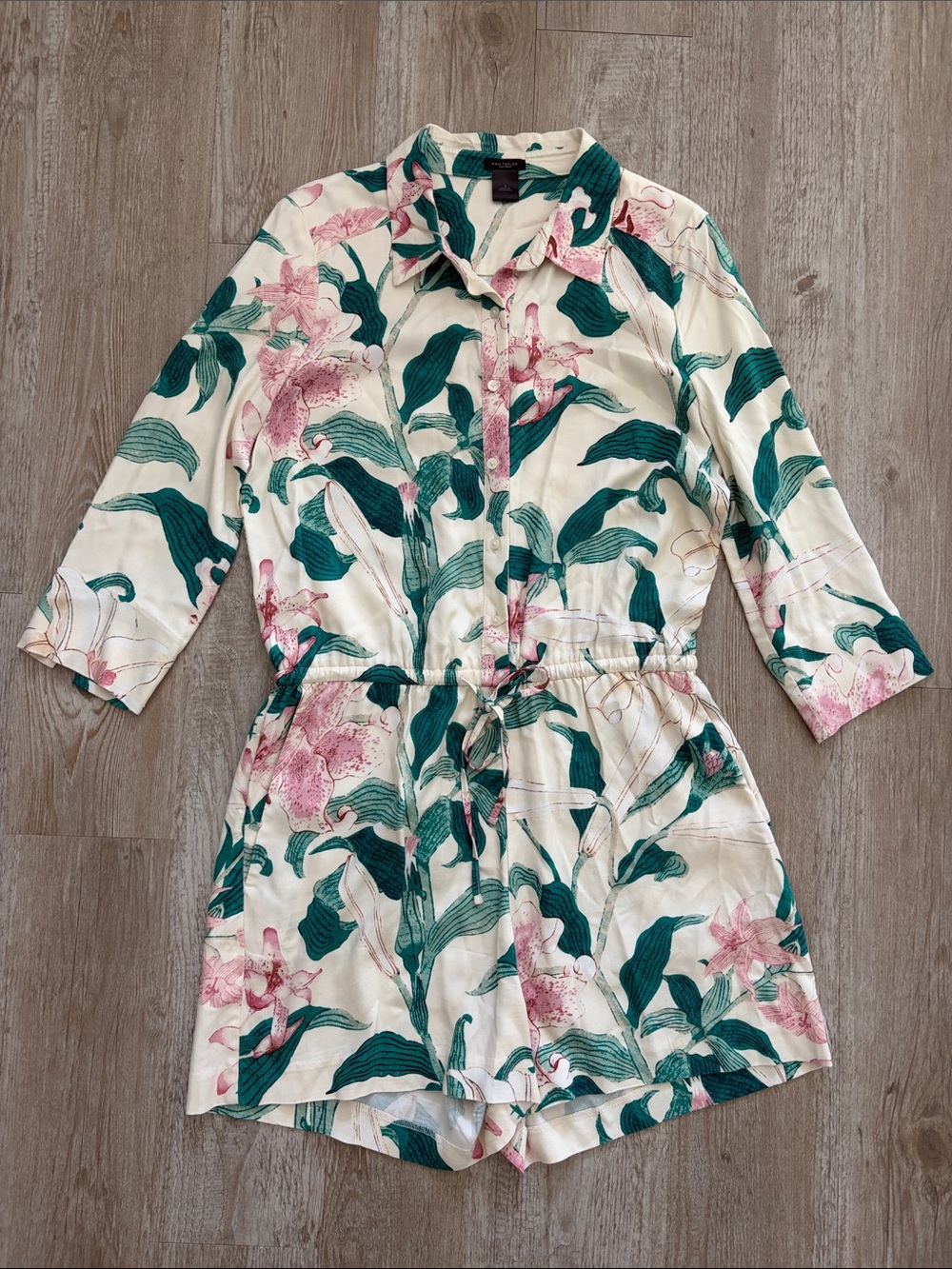 Floral Tropical Print 3/4 Sleeve Romper with Tie Waist